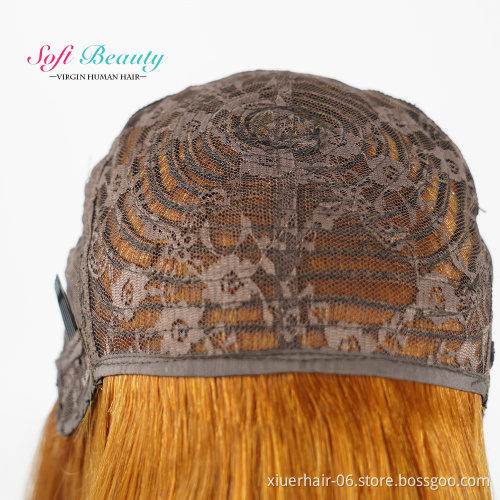 Virgin No Lace Orange Color Manufacturers Glueless 10A Deep Straight Wave Wholesale with Fringe Human Hair Machine Wig